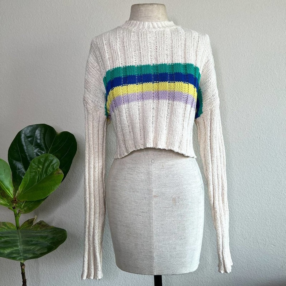 Crop Knit Sweater Pullover Striped Drop Shoulder Long Sleeve